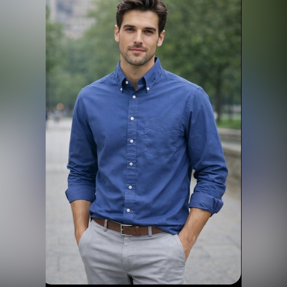 Club Room Blue Casual Button-Down Shirt Large Preppy Neck 16 1/2 34/35 Slim